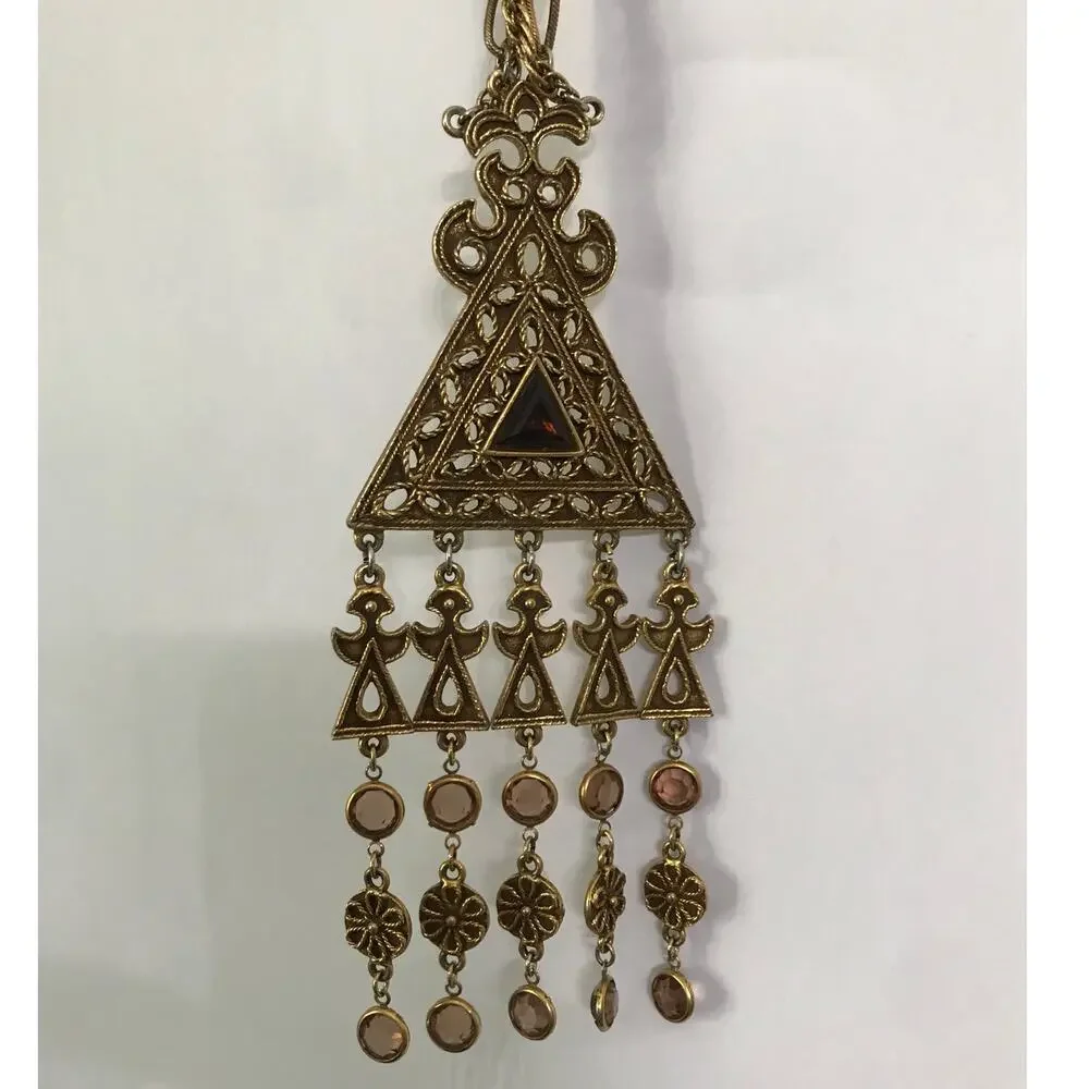 Vintage Goldette Gold Tone Triangle Filigree Pendant Egyptian Victorian Revival